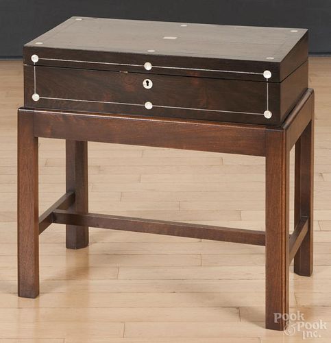 Rosewood lap desk, mid 19th c., with mother of pearl inlay, mounted on a later stand, 20 1/2'' h.