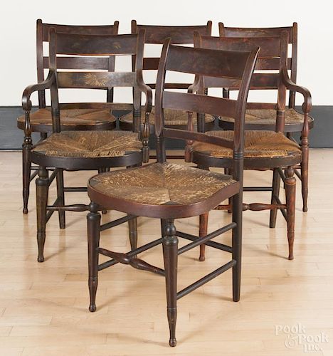 Set of six painted rush seat dining chairs, ca. 1840, retaining their original stenciled decoration.