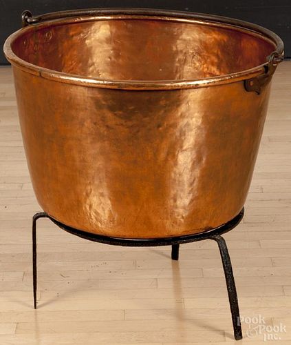 Copper apple butter kettle and stand, 19th c., 26'' h., 25 1/2'' dia.