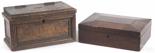 Mixed woods veneer sewing box, late 19th c., 3 1/2'' h., 11 1/4'' w., together with a walnut ballot box