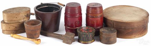 Woodenware, to include two miniature pails, bentwood boxes, miniature painted barrel canisters, etc.