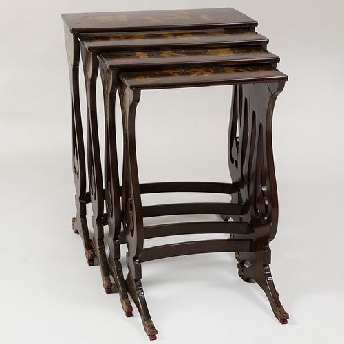 Set of Four Chinese Export Brown Lacquer and Parcel-Gilt Nesting Tables