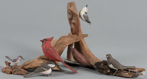 Carved and painted birds, mid/late 20th c., tallest - 11''.