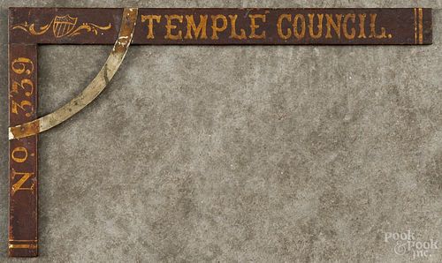 Fraternal builder's square, late 19th c., inscribed No. 339 Temple Council, 12'' x 7''.