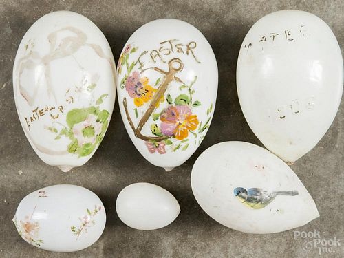 Six painted milk glass Easter eggs, one dated 1906, largest - 6'' h.