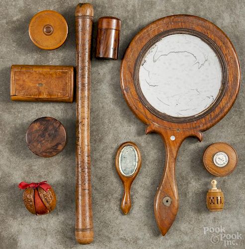 Woodenware, to include a hand mirror, a burl snuff box, sewing boxes, etc.