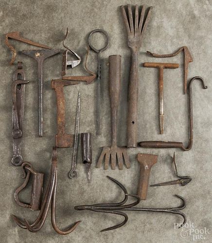 Iron, to include meat hooks, a skewer, a hasp, etc.