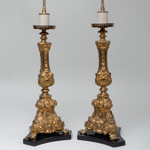 Pair of Baroque Style Gilt-Metal Candlesticks Mounted as Lamps