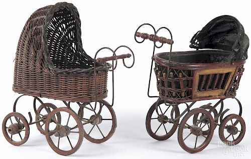 Painted pine doll cradle, late 19th c., together with two doll strollers.