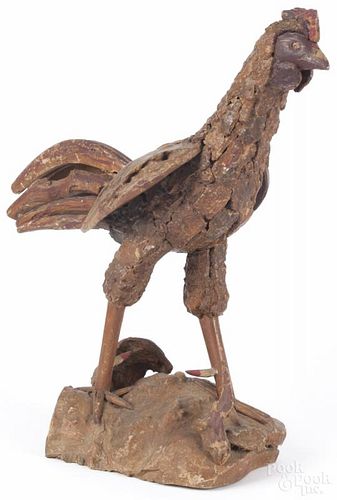 Painted wood and bark rooster, early/mid 20th c., 19'' h. Provenance: DeHoogh Gallery, Philadelphia.