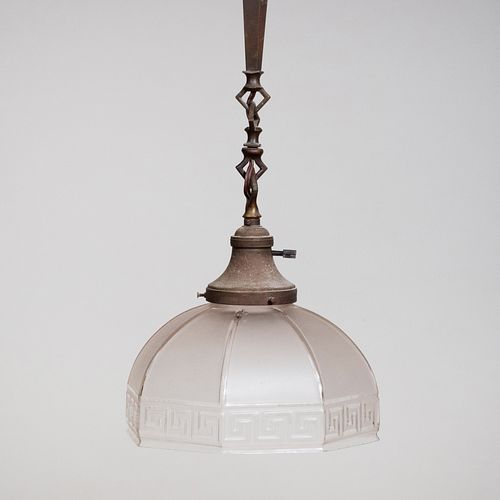 Arts and Crafts Style Metal Hanging Lamp with an Octagonal Glass Shade