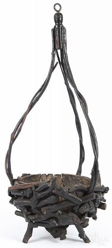 Twig and root hanging basket, 30'' h. Provenance: DeHoogh Gallery, Philadelphia.