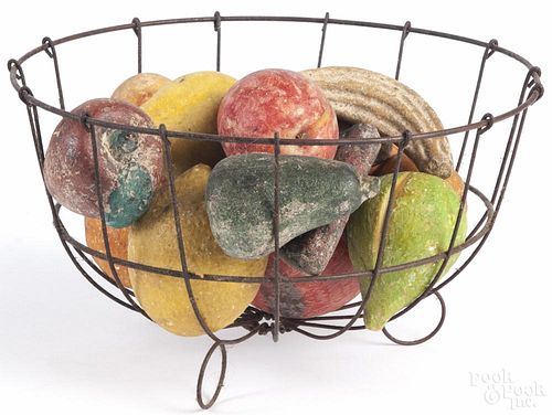 Wire basket, late 19th c., with stone fruit, 5 1/2'' x 10 1/4''.