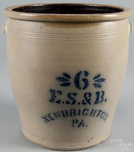 Six-gallon stoneware crock, 19th c., inscribed E.S.& B. New Brighton PA, 14'' h.