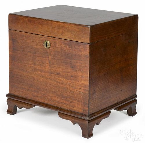 Chippendale walnut bottle case, ca. 1800, with a fitted interior and a single drawer on the side