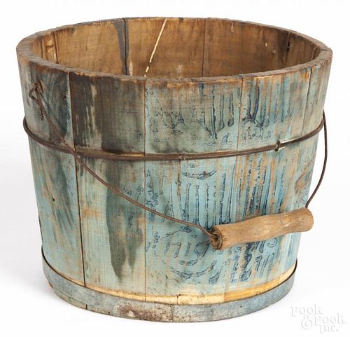 Painted pine bucket, 19th c., inscribed Knights on the original blue and black surface, 8'' h.