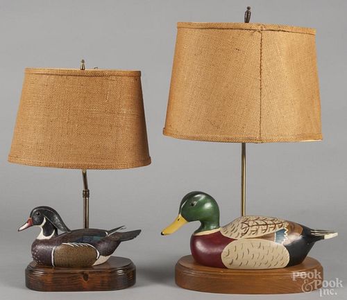 Two contemporary carved and painted duck decoy lamps, 20th c., tallest - 23 1/2''.
