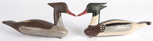 Pair of contemporary carved and painted merganser duck decoys, 17'' l.