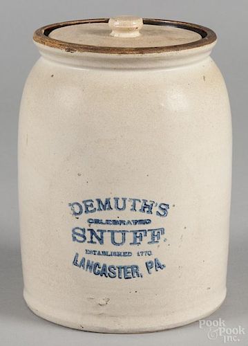 Lancaster, Pennsylvania stoneware jar, 19th c., stenciled Demuth's celebrated Snuff established 1770