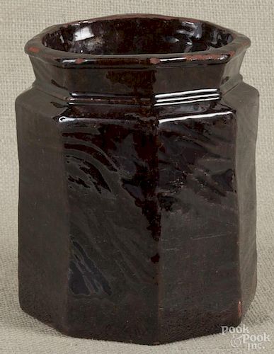 Octagonal, grain-glazed redware canister, 19th c., 7 1/4'' h.