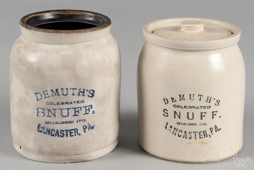 Two Lancaster, Pennsylvania stoneware jars, stenciled Demuth's Snuff, 6 1/2'' h. and 6 1/4'' h.