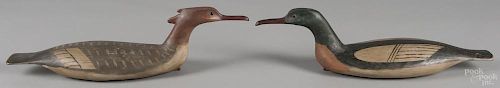 Pair of contemporary carved and painted merganser duck decoys, signed Bob Biddle, 21 1/2'' l.