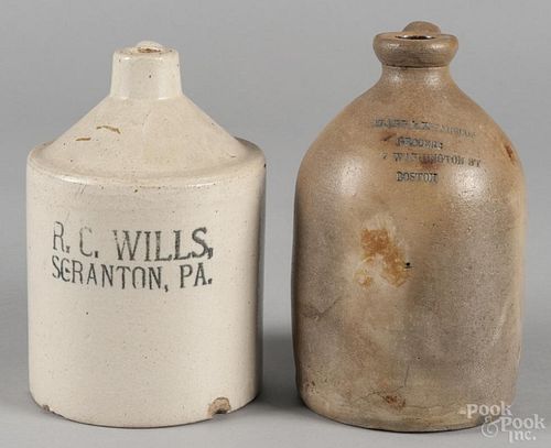 Boston stoneware merchant jug, 19th c., stamped Flagg & Estabrook Grocers 7 Washington St. Boston