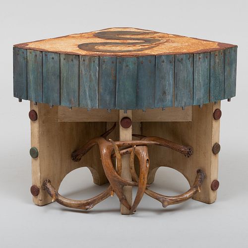 Rustic Painted Metal, Wood and Antler Corner Low Table