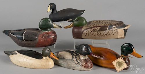 Six contemporary carved and painted duck decoys, longest - 17 3/4''.