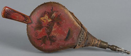 American painted bellows, early 19th c., with leather basket weave accents and a brass nozzle