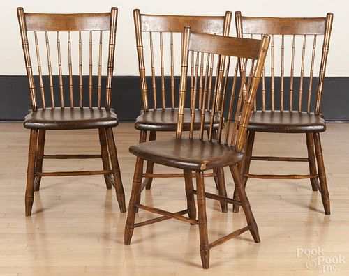 Set of four rodback Windsor chairs, ca. 1835, branded A. Ball.