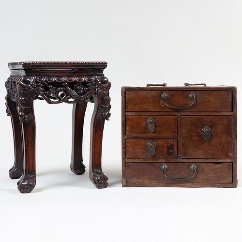 Asian Metal-Mounted Hardwood Chest and Chinese Carved Hardwood Stand
