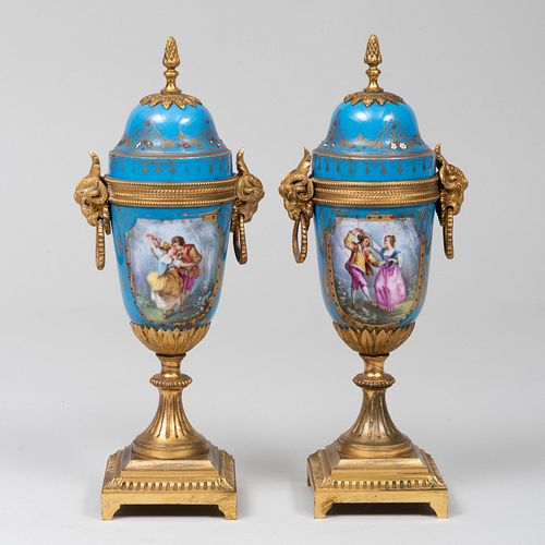 Pair of Louis XVI Style Gilt-Bronze-Mounted Porcelain Covered Urns