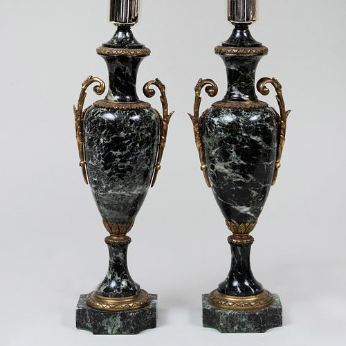 Pair of Louis XVI Style Gilt-Bronze Mounted Marble Urns Mounted as Lamps