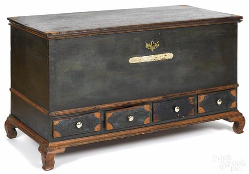 Pennsylvania painted pine dower chest, ca. 1800, retaining its original blue/green and salmon surface