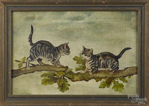 Oil on canvas portrait of two cats, 19th c., 12'' x 18''.