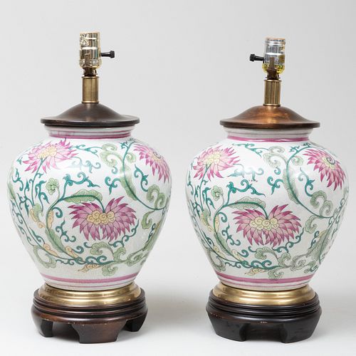 Pair of Crackle Glazed Jars Mounted as Lamps