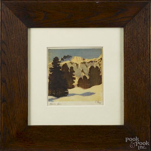 Englebert Lap (Austrian 1886-1970), arts and crafts woodblock print, titled Winter Sun, signed