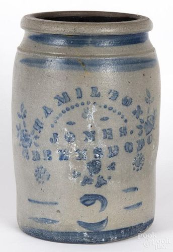 Greensboro, Pennsylvania stoneware crock, 19th c., with cobalt stencil, inscribed Hamilton Jones