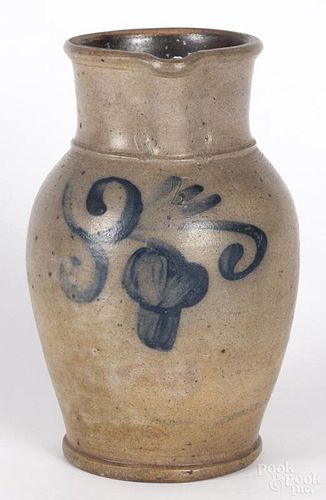 New Jersey stoneware pitcher, 19th c., with cobalt floral decoration, 9 1/4'' h.