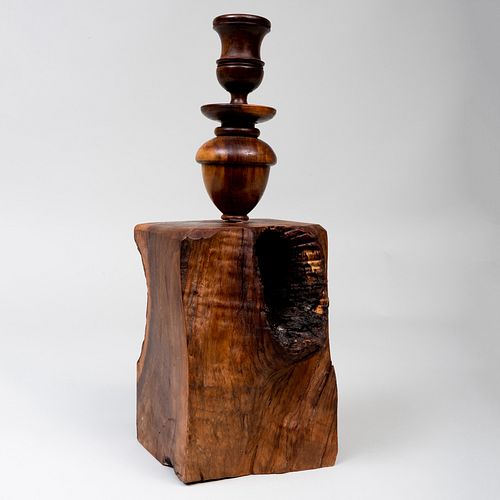 Modern Turned and Burl Wood Candlestick