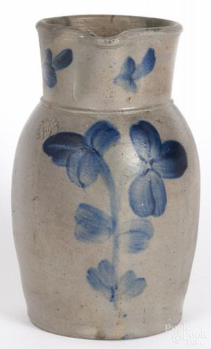 Maryland stoneware pitcher, 19th c., impressed P. Herrmann, with cobalt floral decoration