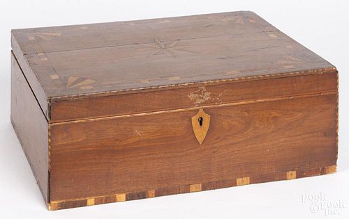 New England inlaid mahogany dresser box, 19th c., with a fitted interior and a single drawer