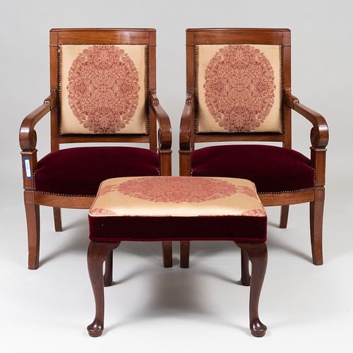 Pair of Neoclassical Style Armchairs and Similarly Upholstered Footstool 
