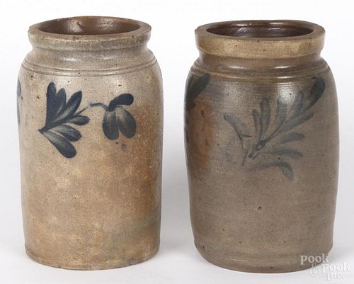 Two Pennsylvania stoneware crocks, 19th c., with cobalt floral decoration, 7 1/4'' h.