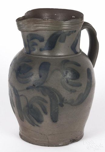 Stoneware pitcher, 19th c., probably Valley of Virginia, with cobalt floral decoration, 8 1/2'' h.