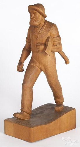 Carved pine figure of a lumberjack, early/mid 20th c., stamped Huggler-Wyss, Bern, 17 1/4'' h.