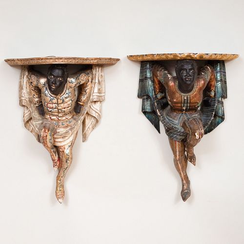 Two Gilt and Polychromed Figural Brackets