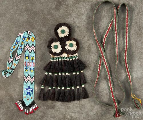Native American woven headdress, together with a beaded sash and a woven sash.