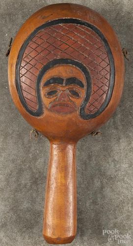 Northwest Coast carved and painted cedar rattle, 10'' l.